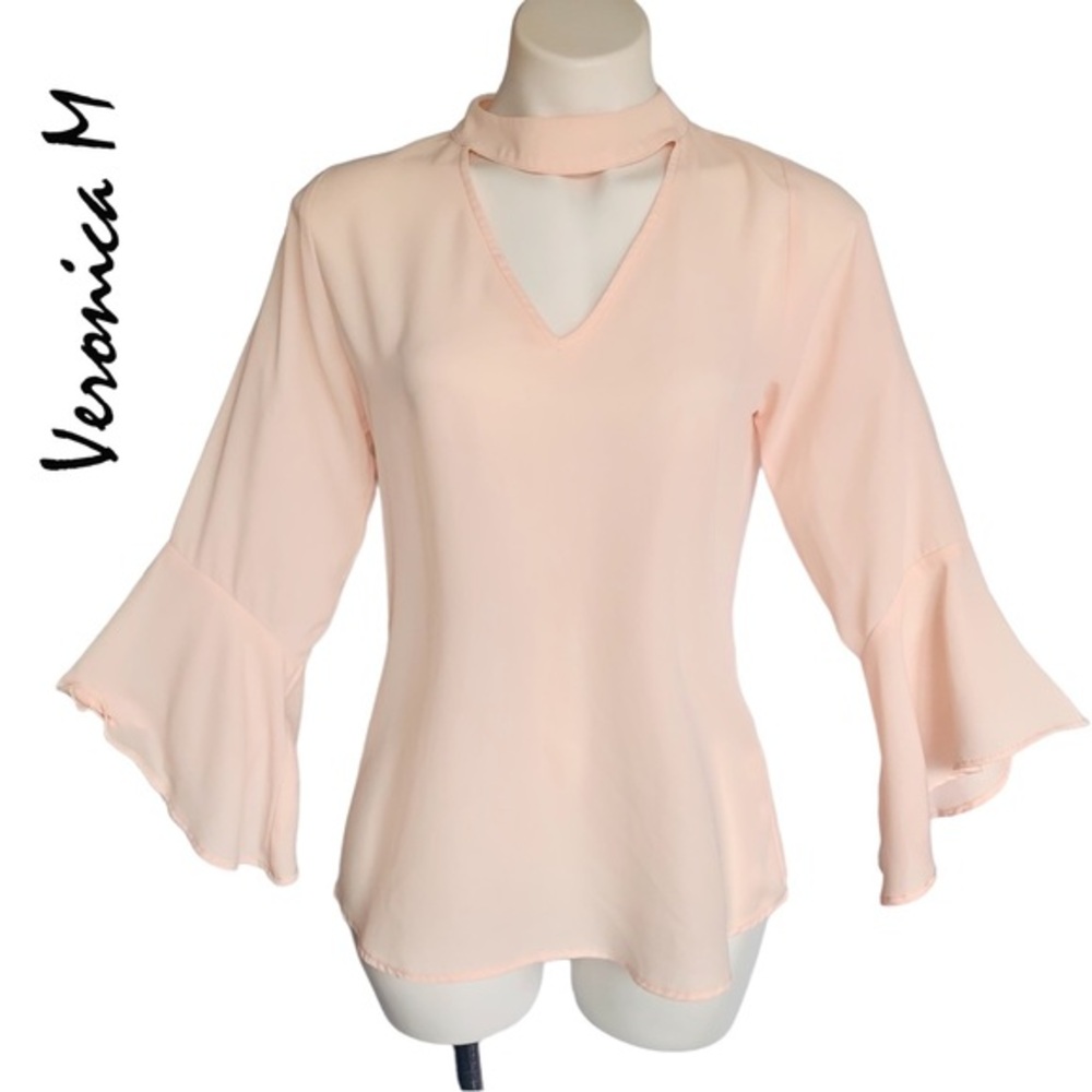 Veronica M. Cut Out Choker Style Blush Bell Sleeve Blouse